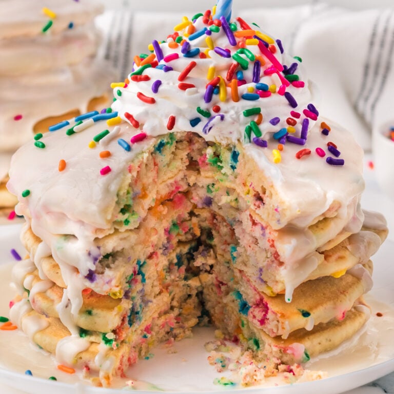 Funfetti Pancakes are a fun and delicious breakfast treat perfect for kid's birthdays.