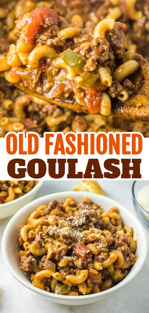 Old Fashioned Goulash is a hearty macaroni recipe loaded with ground beef, diced tomatoes and green peppers all tossed in a tomato sauce seasoned with paprika.