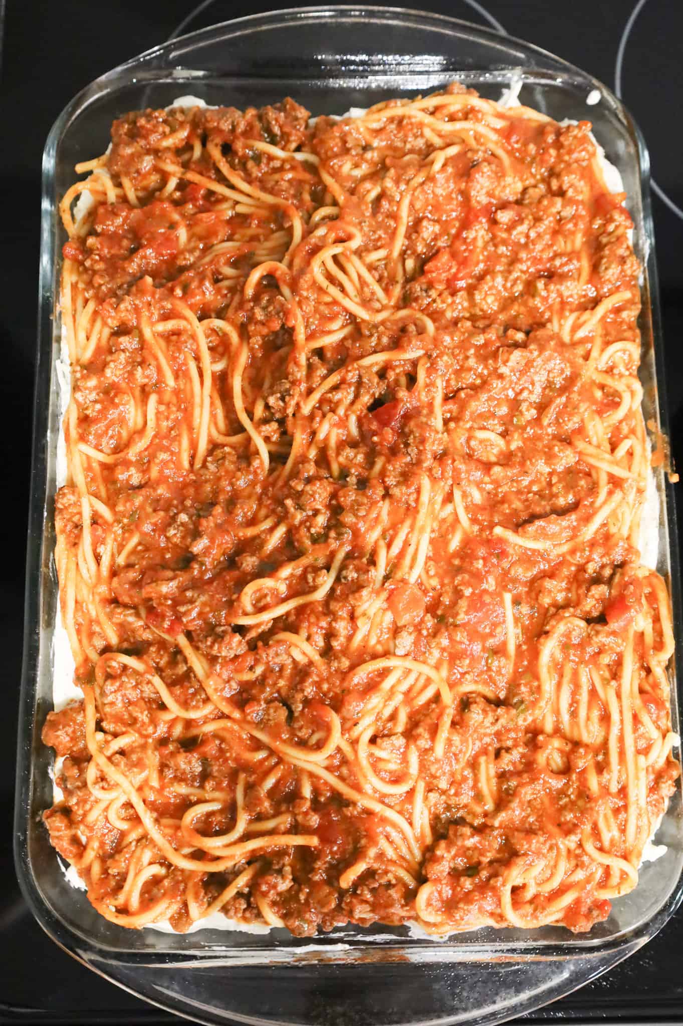 spaghetti mixture in a baking dish