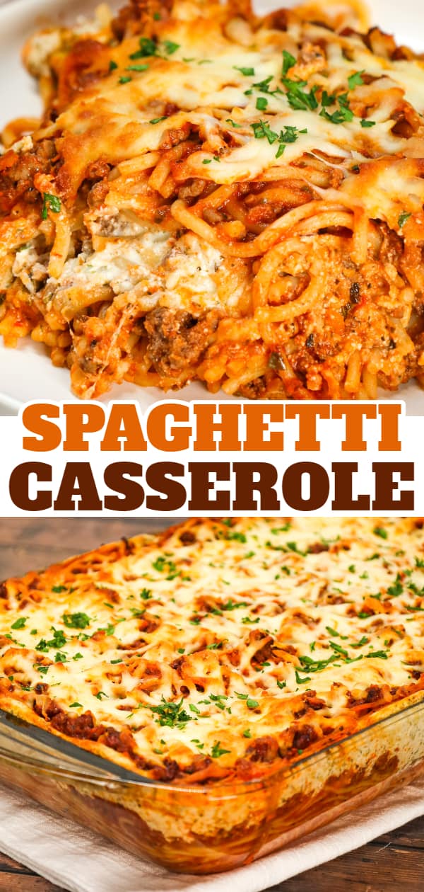 Spaghetti Casserole is a hearty dinner recipe loaded with ground beef, marinara, ricotta, sour cream, mozzarella and parmesan cheese.