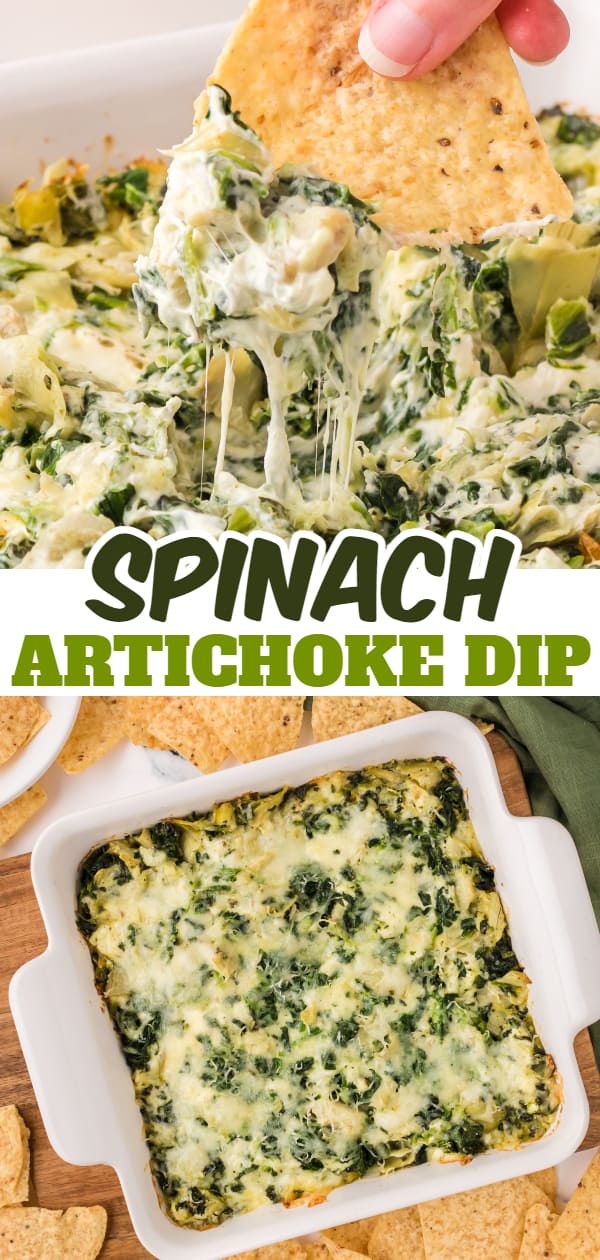 Spinach Artichoke Dip is a creamy baked dip recipe loaded with chopped artichoke hearts, spinach, cream cheese, parmesan and mozzarella.