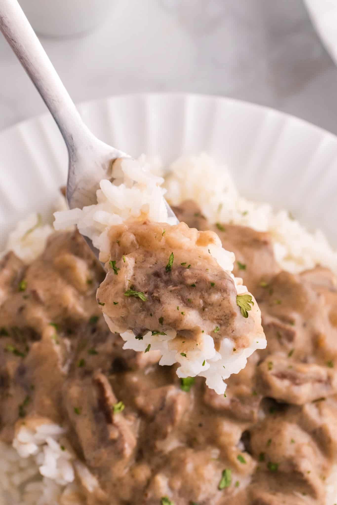 Steak and Rice is a hearty comfort food dish with tender pieces of steak cooked in a creamy mushroom sauce and served over rice.