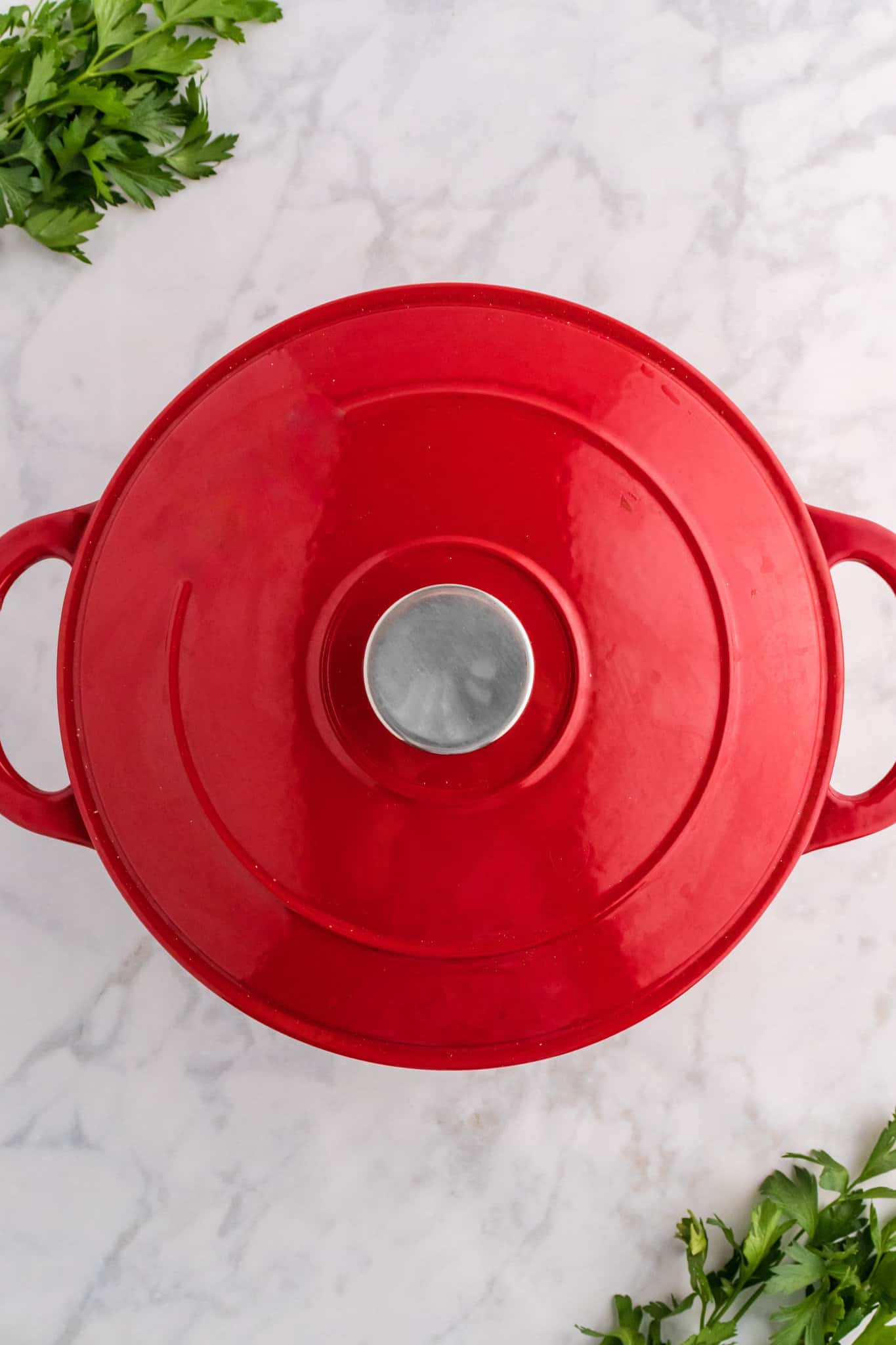 red dutch oven with lid on