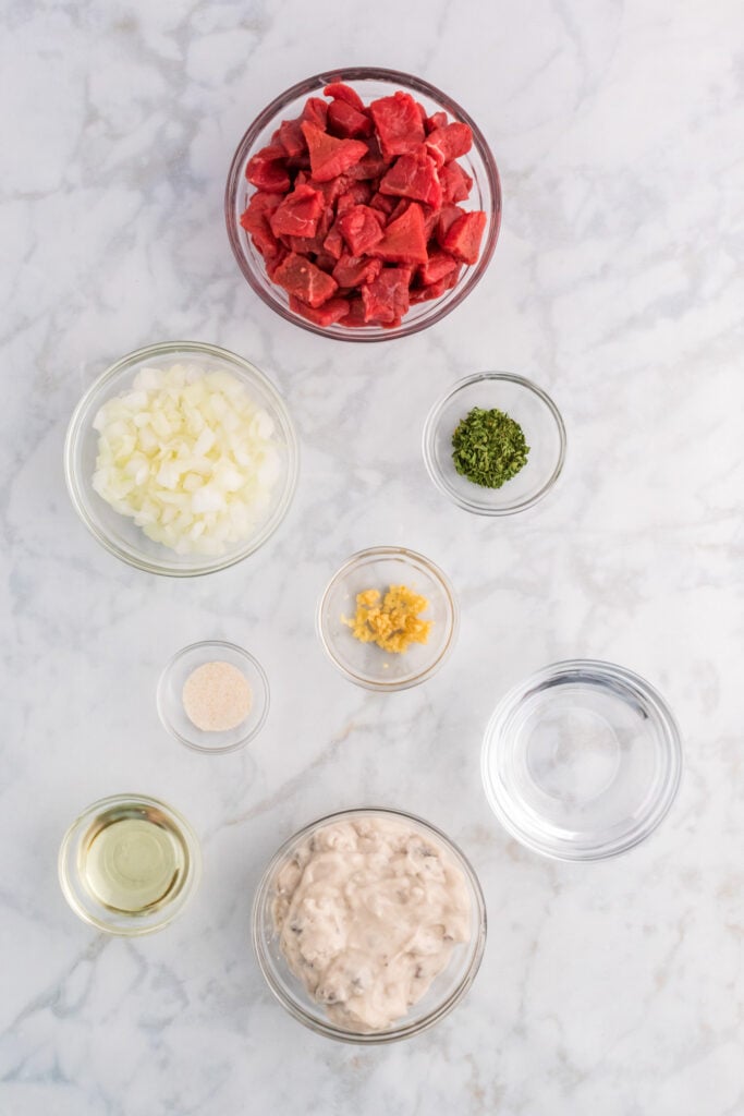 steak and rice ingredients in separate bowls