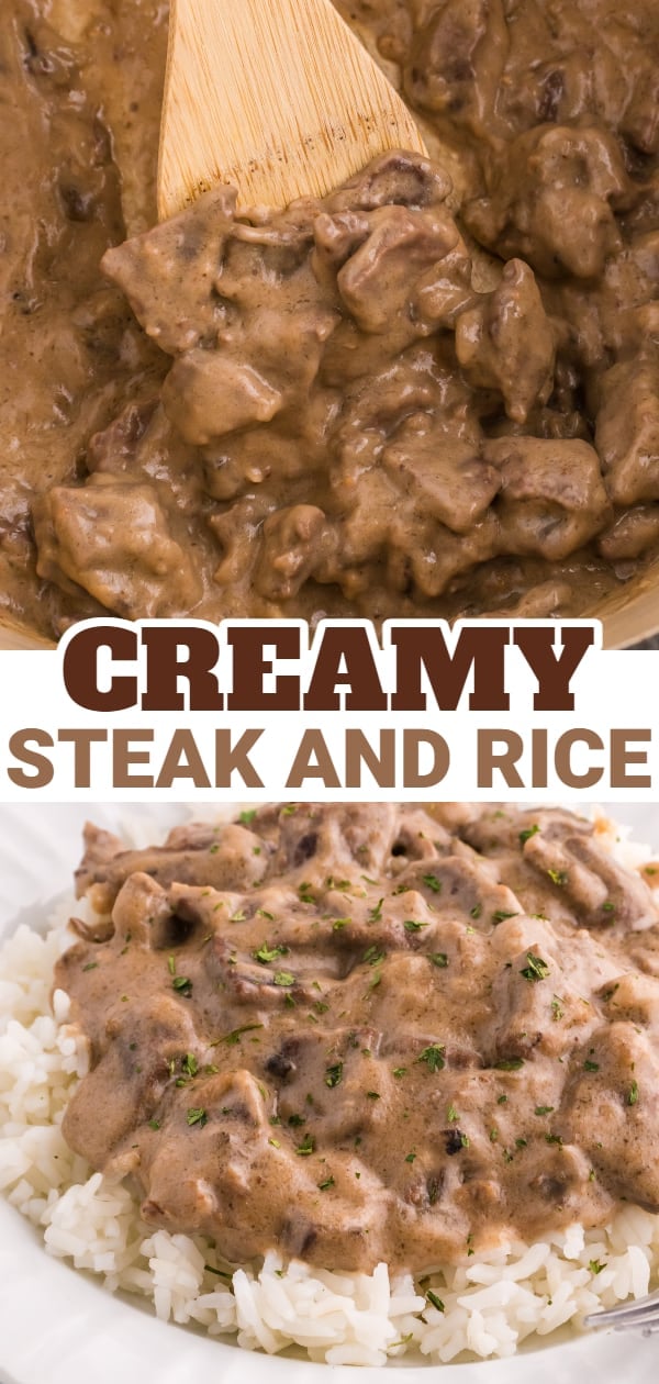 Steak and Rice is a hearty comfort food dish with tender pieces of steak cooked in a creamy mushroom sauce and served over rice.