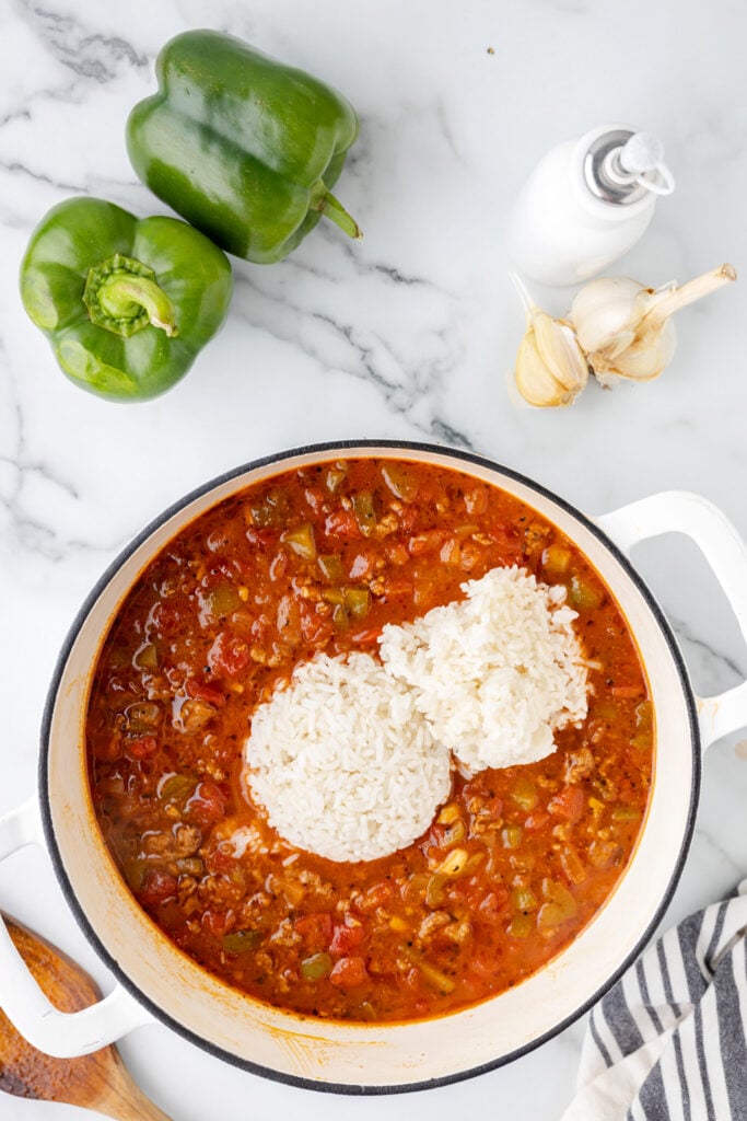 cooked white rice added to stuffed pepper soup