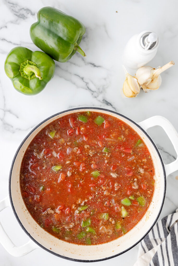 stuffed pepper soup after stirring all ingredients