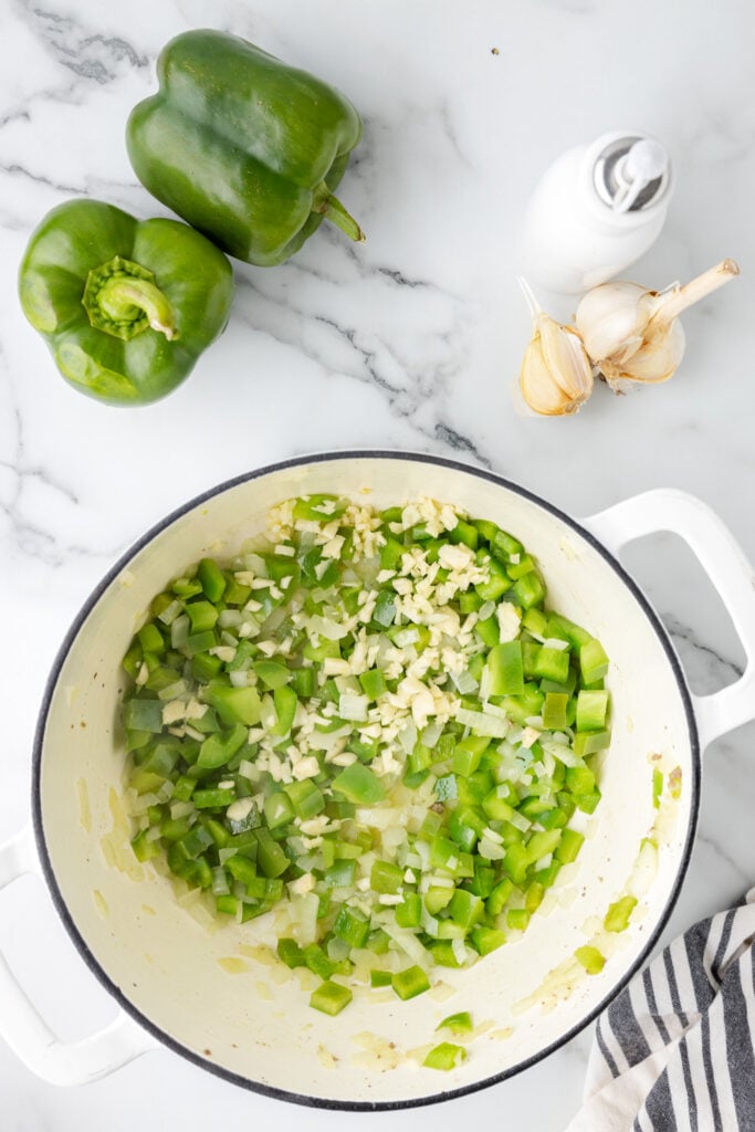 minced garlic added to pot with diced onions and green peppers
