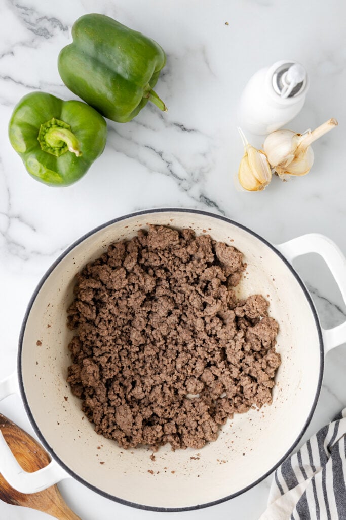 browned ground beef in a pot