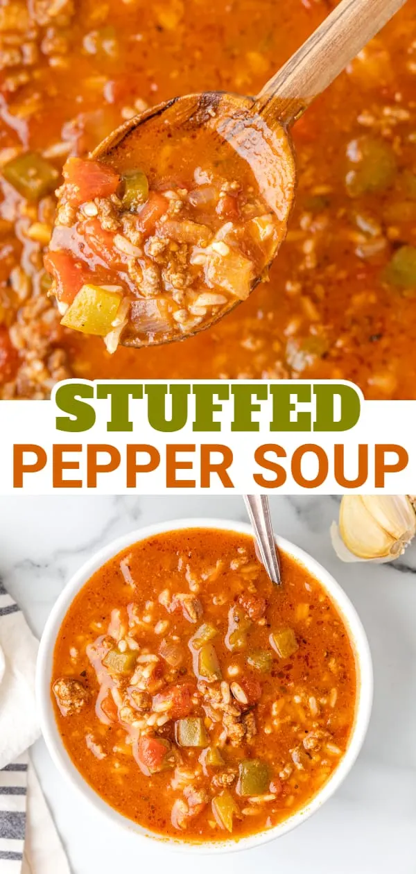 Stuffed Pepper Soup is a hearty soup recipe loaded with ground beef, diced green bell peppers, diced tomatoes and rice.