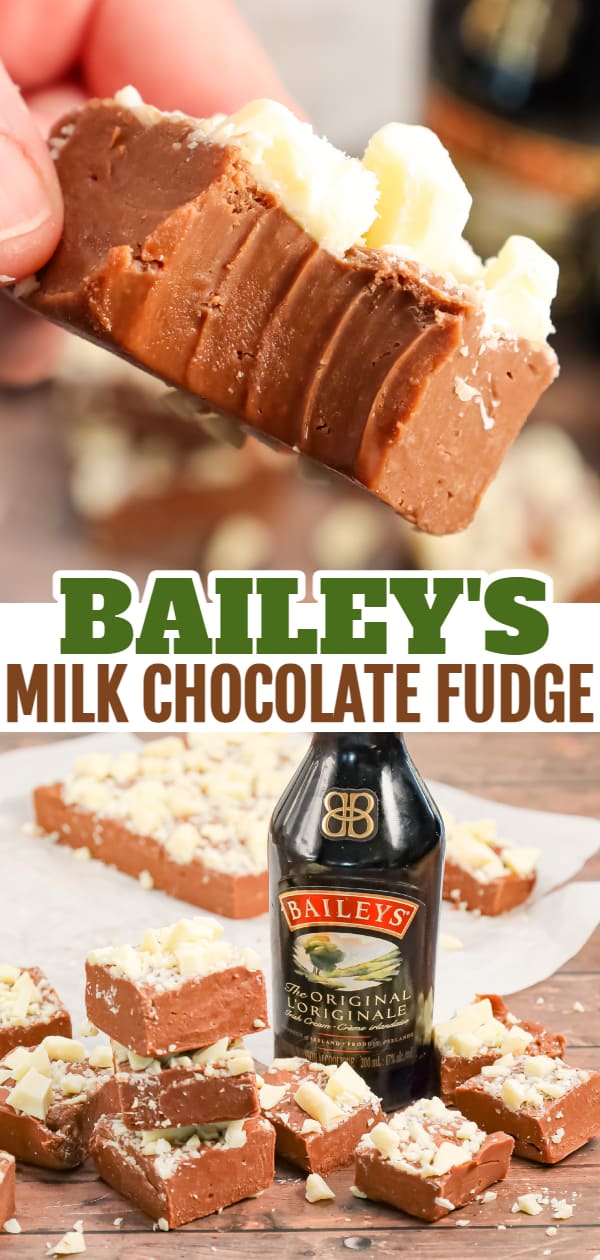 Bailey's Fudge is an easy chocolate fudge recipe made with milk chocolate chips, sweetened condensed milk and Bailey's Irish cream and topped with chopped white chocolate.