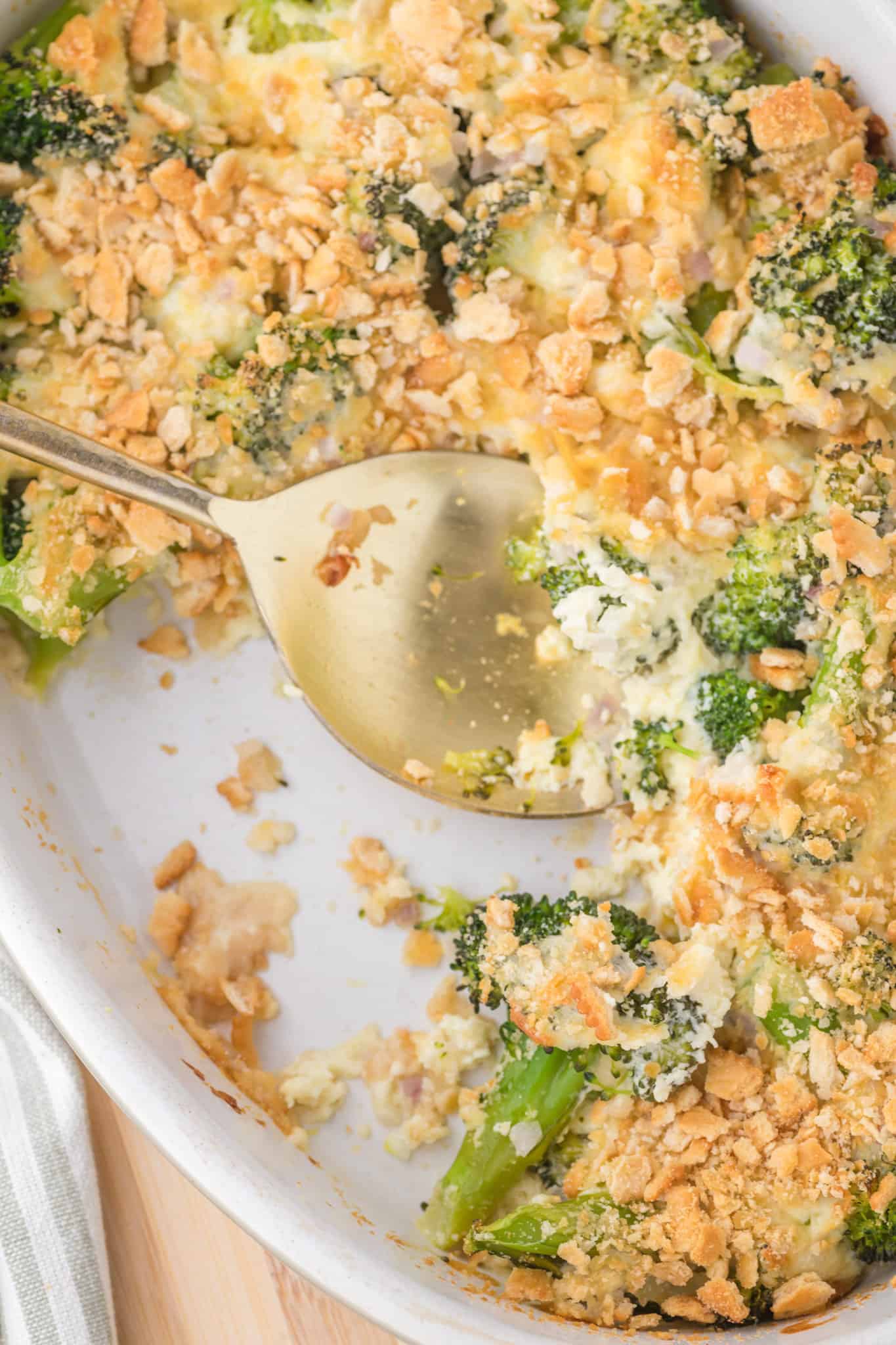 Broccoli Casserole is a creamy cheesy casserole with a crunchy Ritz cracker topping.