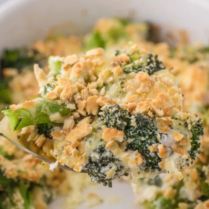 Broccoli Casserole is a creamy cheesy casserole with a crunchy Ritz cracker topping.