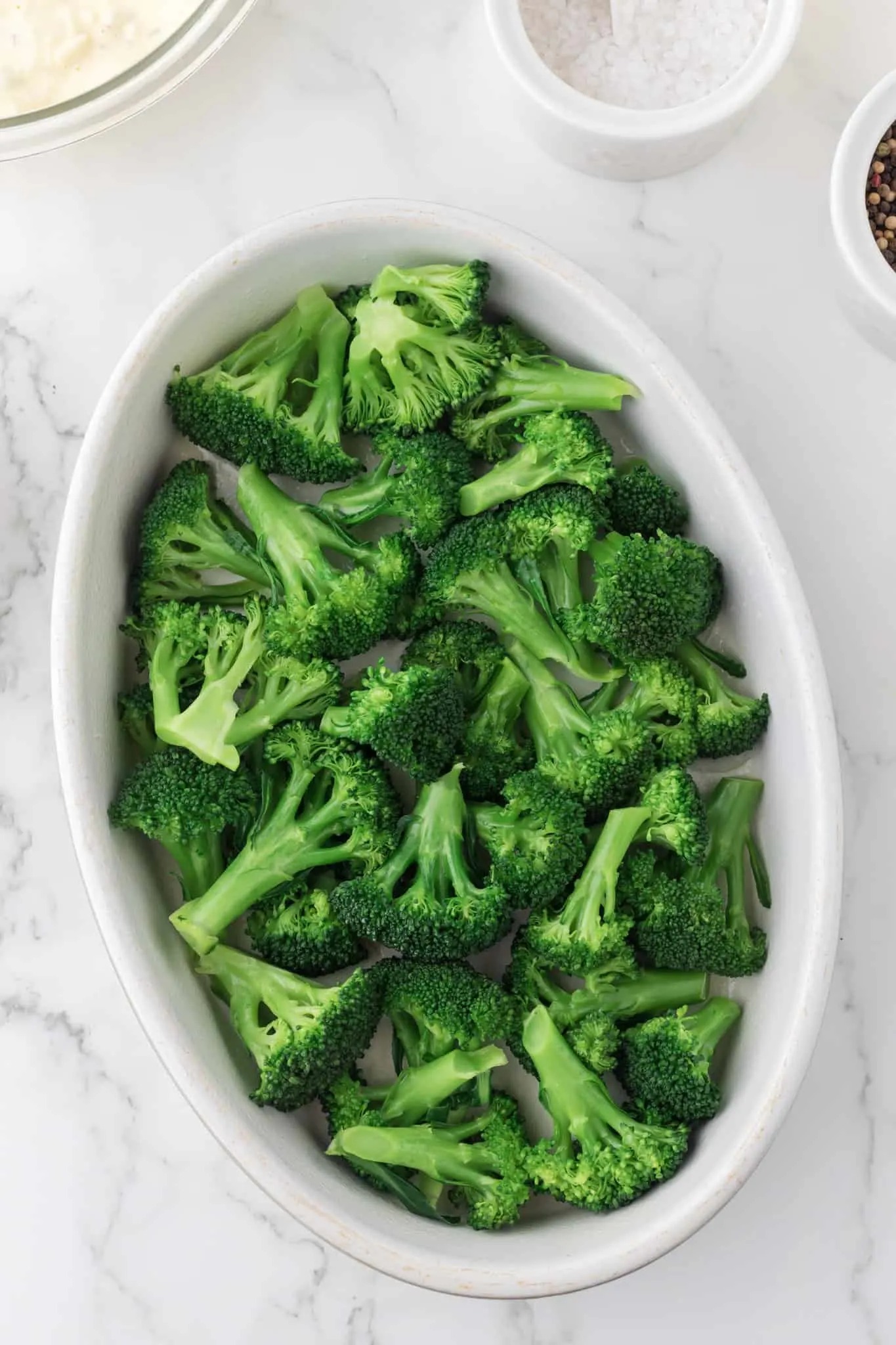 blanched broccoli in the bottom of a greased baking dish