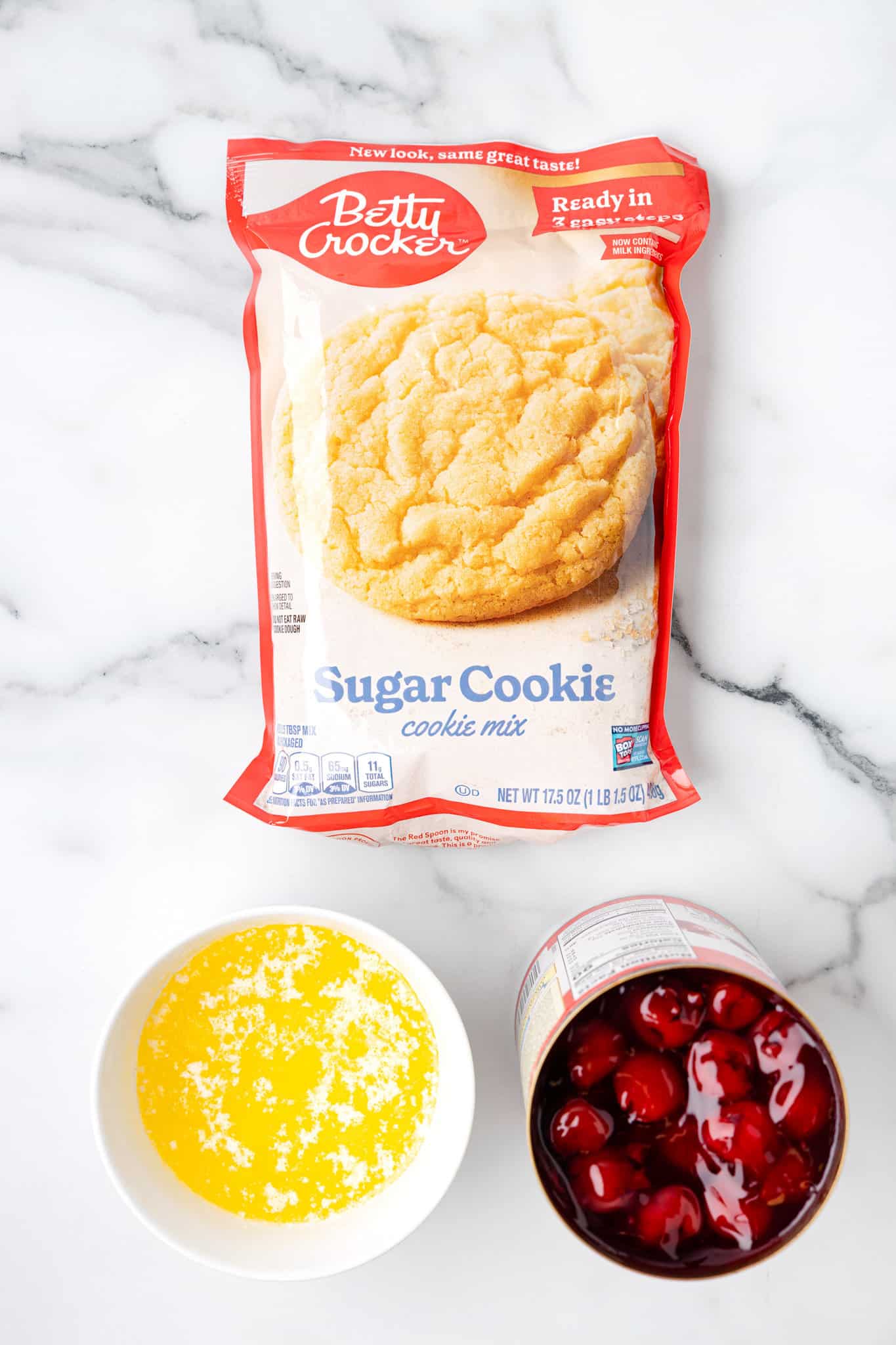 sugar cookie mix, melted butter and canned cherry pie filing