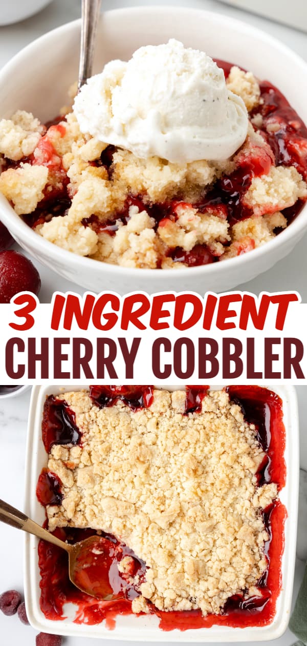 Cherry Cobbler is an easy three ingredient dessert recipe using canned cherry pie filling, sugar cookie mix and butter.