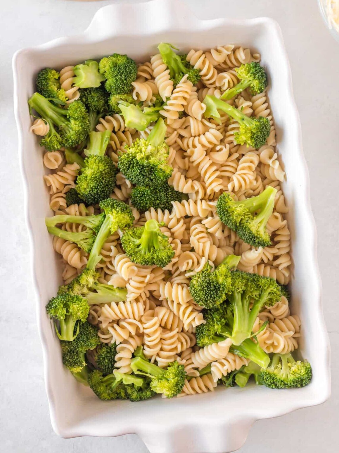 cooked rotini and broccoli in a baking dish