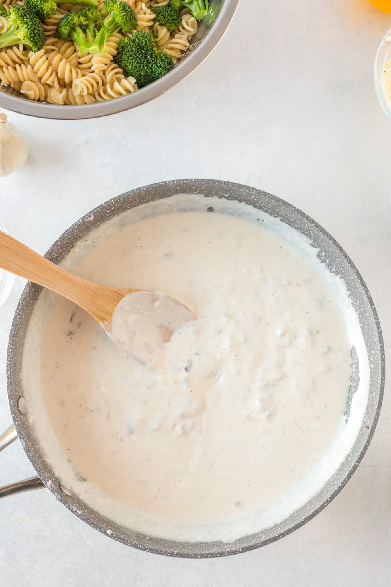 cream cheese and milk mixture in a pan