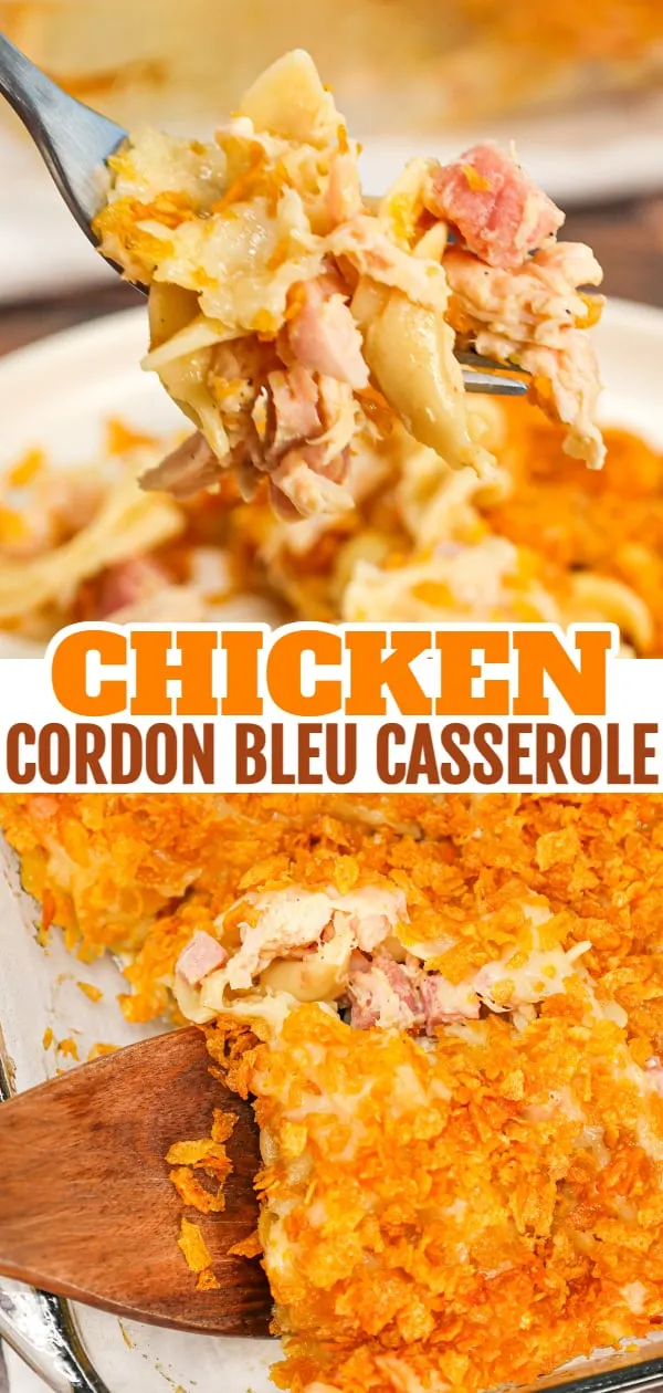 Chicken Cordon Bleu Casserole is an easy casserole recipe loaded with egg noodles, chopped  ham, shredded chicken, cream of chicken soup and topped with Swiss cheese and crumbled cornflakes.