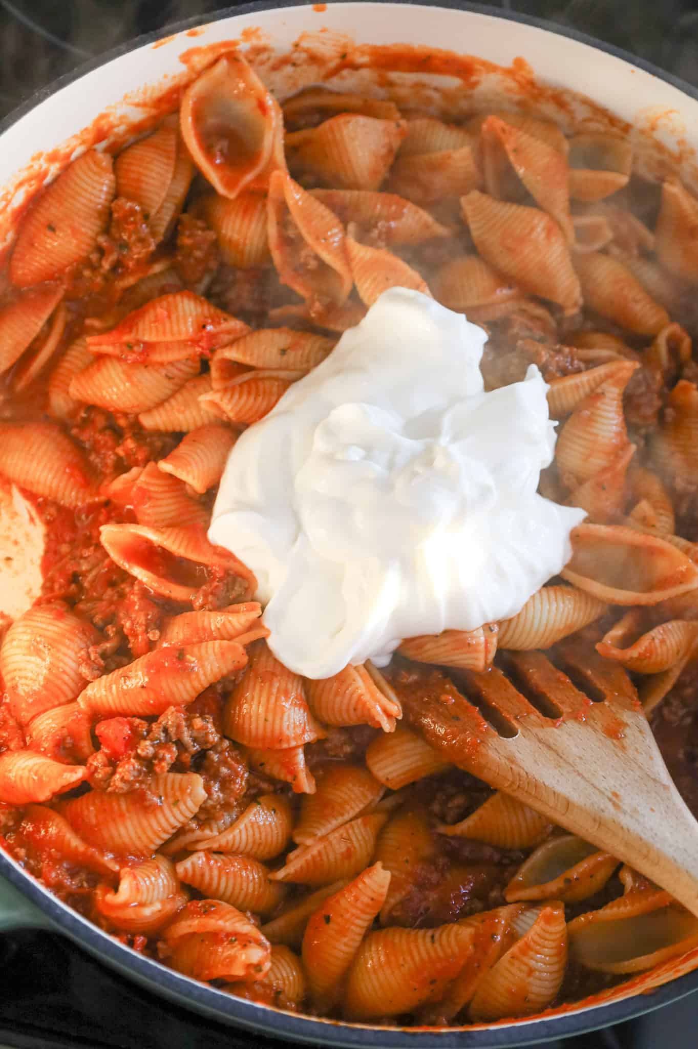 sour cream on top of shell pasta