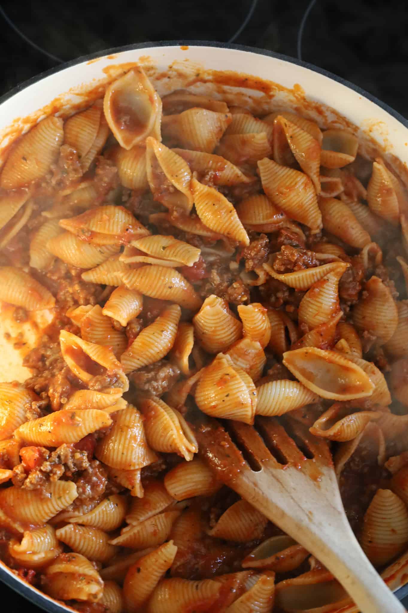 shell pasta tossed in marinara and ground beef mixture