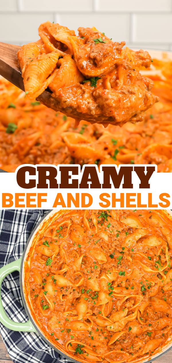 Creamy Beef and Shells is an easy ground beef pasta recipe with a creamy tomato sauce made with marinara, sour cream, heavy cream and shredded cheddar cheese.