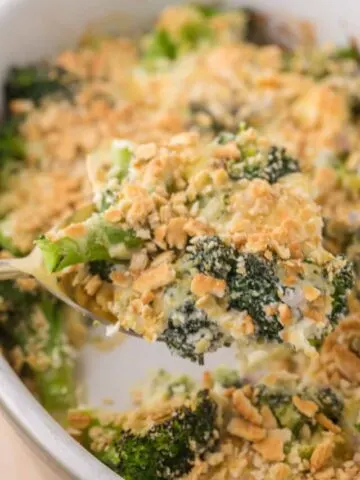 Broccoli Casserole is a creamy cheesy casserole with a crunchy Ritz cracker topping.