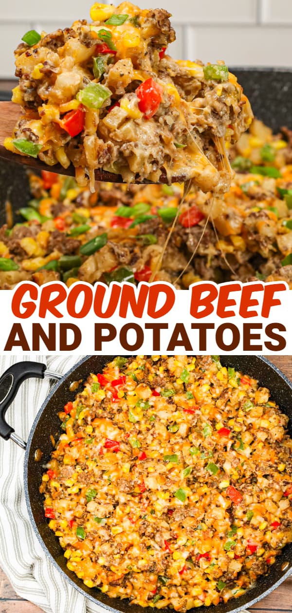 Ground Beef and Potatoes is an easy weeknight dinner recipe loaded with diced hash brown potatoes, ground beef, corn, diced bell peppers, cream of mushroom soup and shredded cheddar cheese.