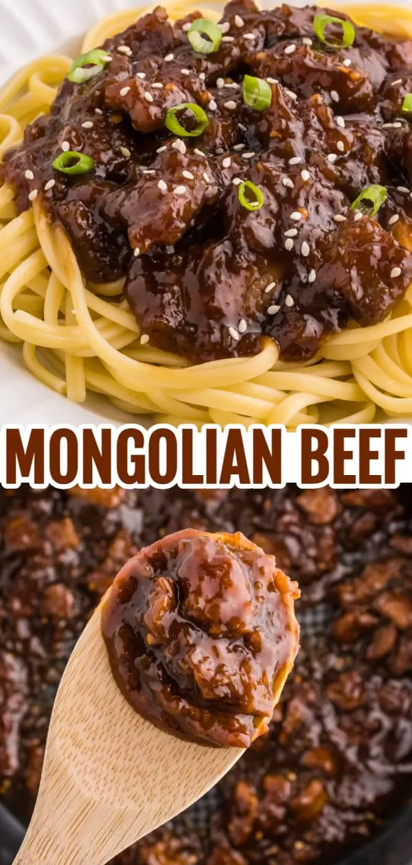Mongolian Beef is a delicious dish with crispy fried steak strips cooked simmered in a brown sugar and soy sauce mixture served over noodles or rice and garnished with sesame seeds and green onions.