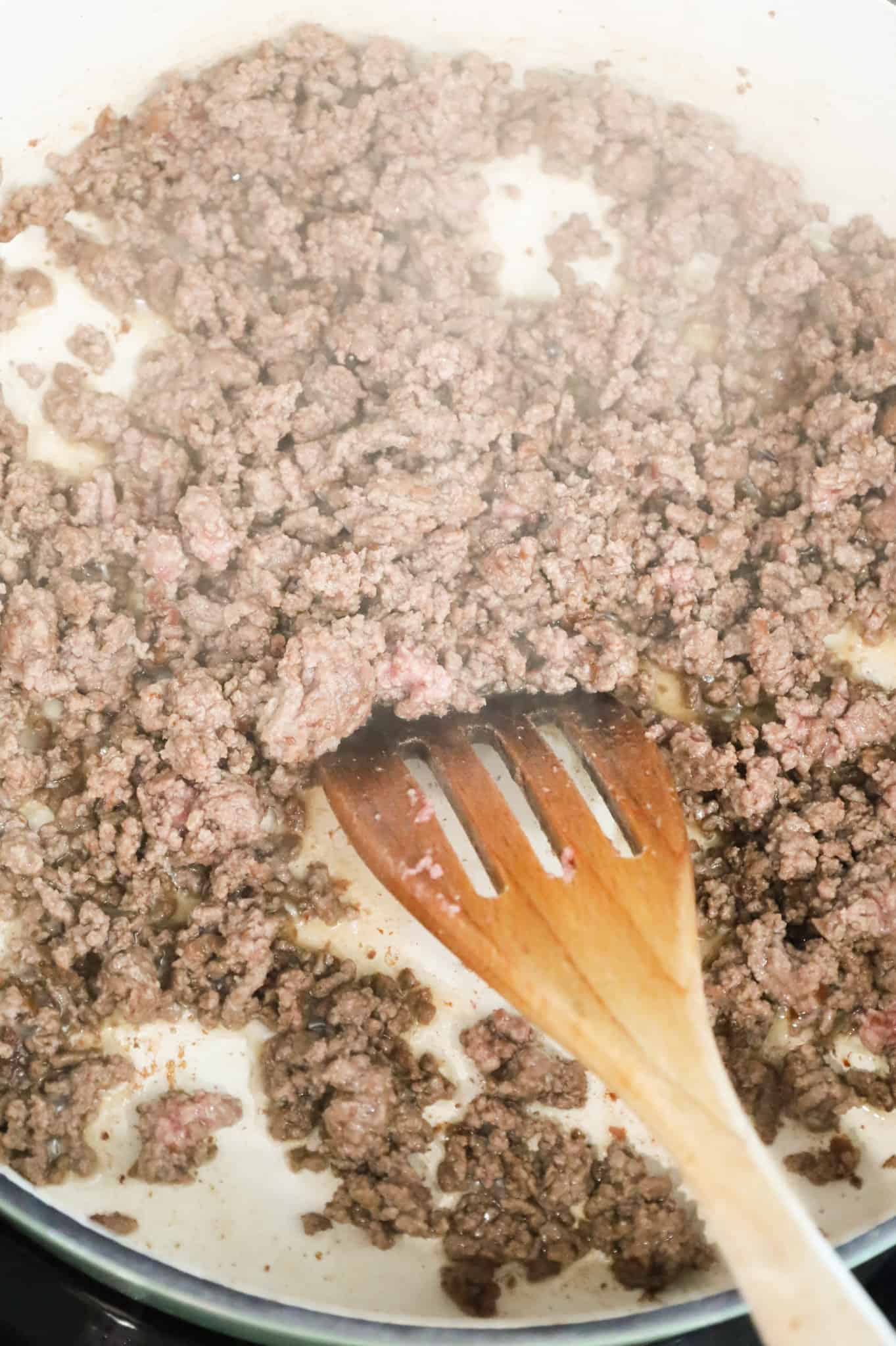 browned ground beef in a skillet