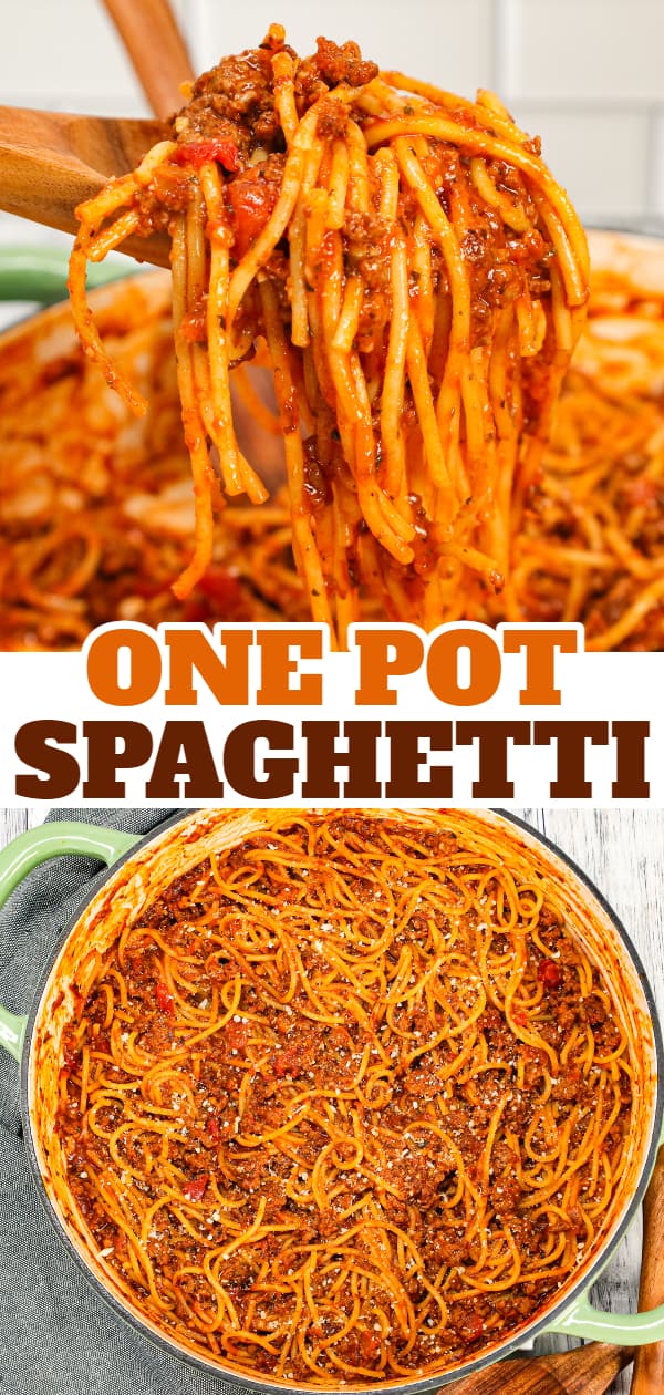 One Pot Spaghetti is an easy stove top dinner spaghetti recipe loaded with ground beef, marinara, Italian seasoning and parmesan cheese.