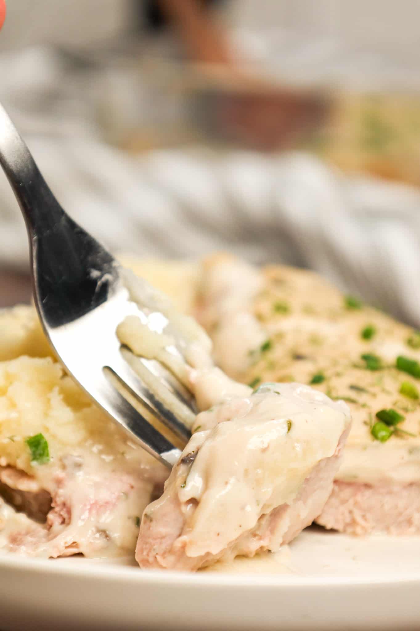 Ranch Pork Chops are an easy dinner recipe using boneless pork chops cooked in a creamy mixture of sour cream, cream of mushroom soup and ranch dressing mix.