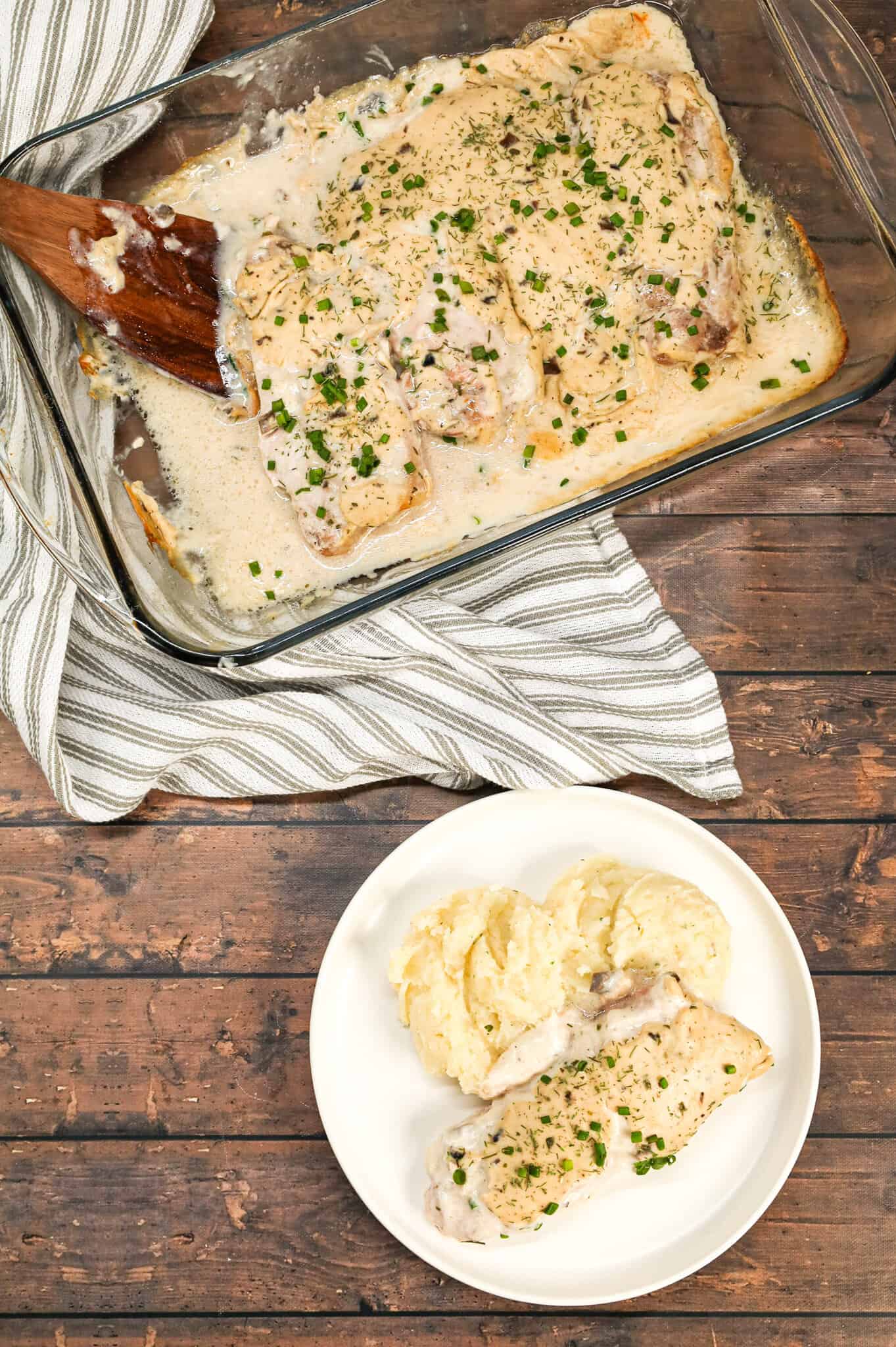 Ranch Pork Chops are an easy dinner recipe using boneless pork chops cooked in a creamy mixture of sour cream, cream of mushroom soup and ranch dressing mix.
