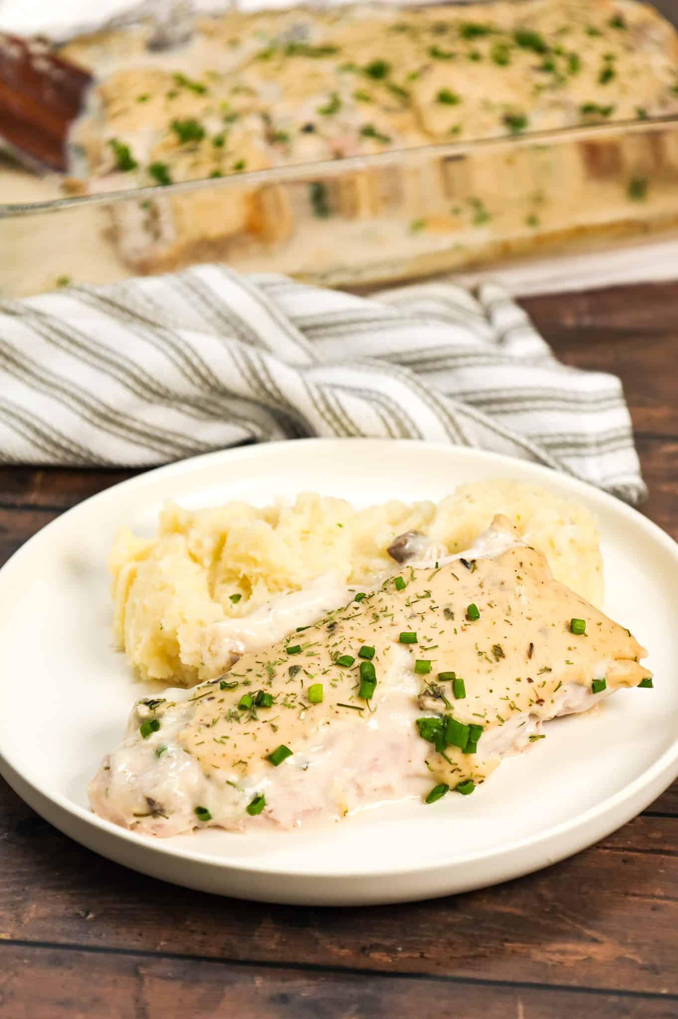 Ranch Pork Chops are an easy dinner recipe using boneless pork chops cooked in a creamy mixture of sour cream, cream of mushroom soup and ranch dressing mix.