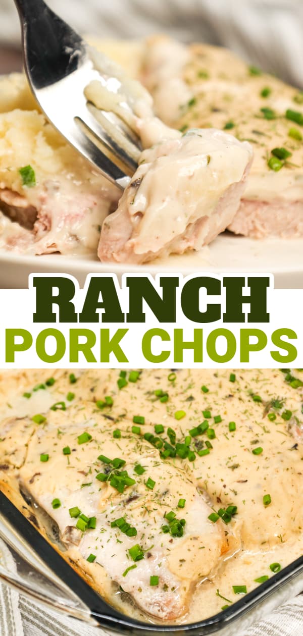 Ranch Pork Chops are an easy dinner recipe using boneless pork chops cooked in a creamy mixture of sour cream, cream of mushroom soup and ranch dressing mix.