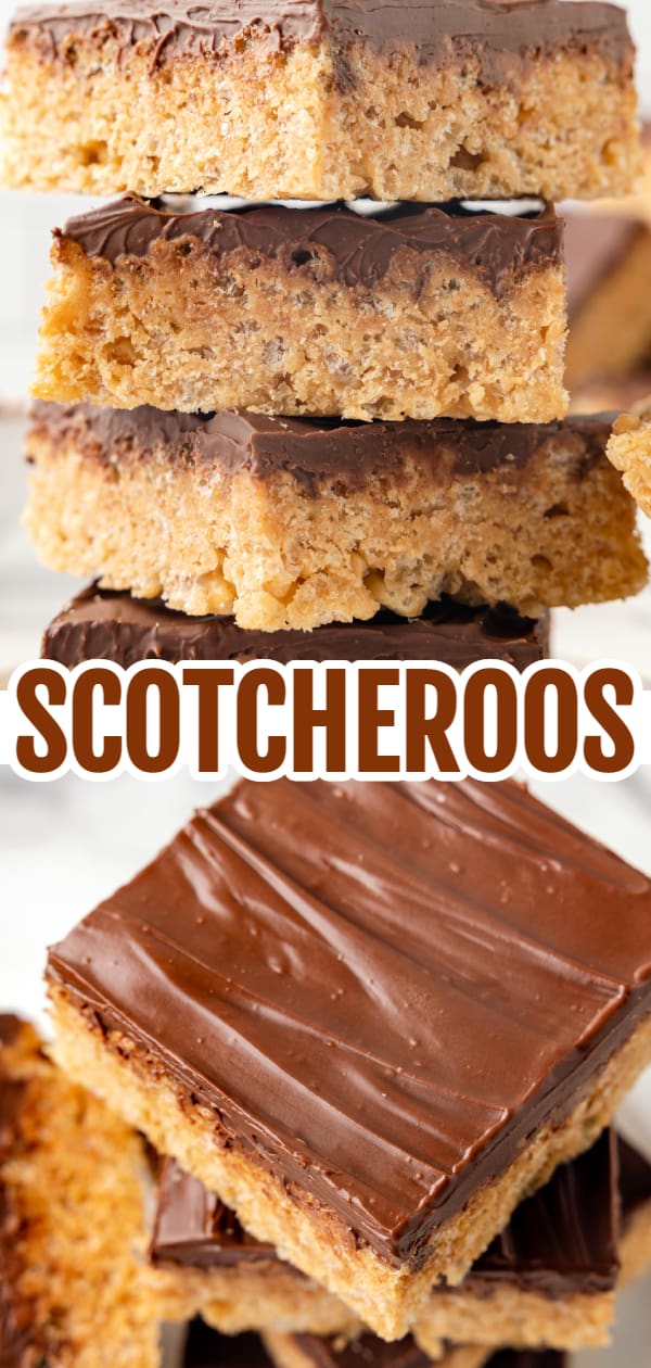 Scotcheroos are delicious peanut butter rice krispie treats topped with a layer of melted butterscotch and chocolate chips.