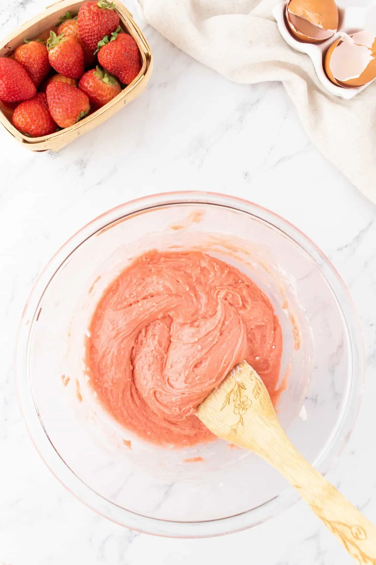 strawberry cookie batter in mixing bowl