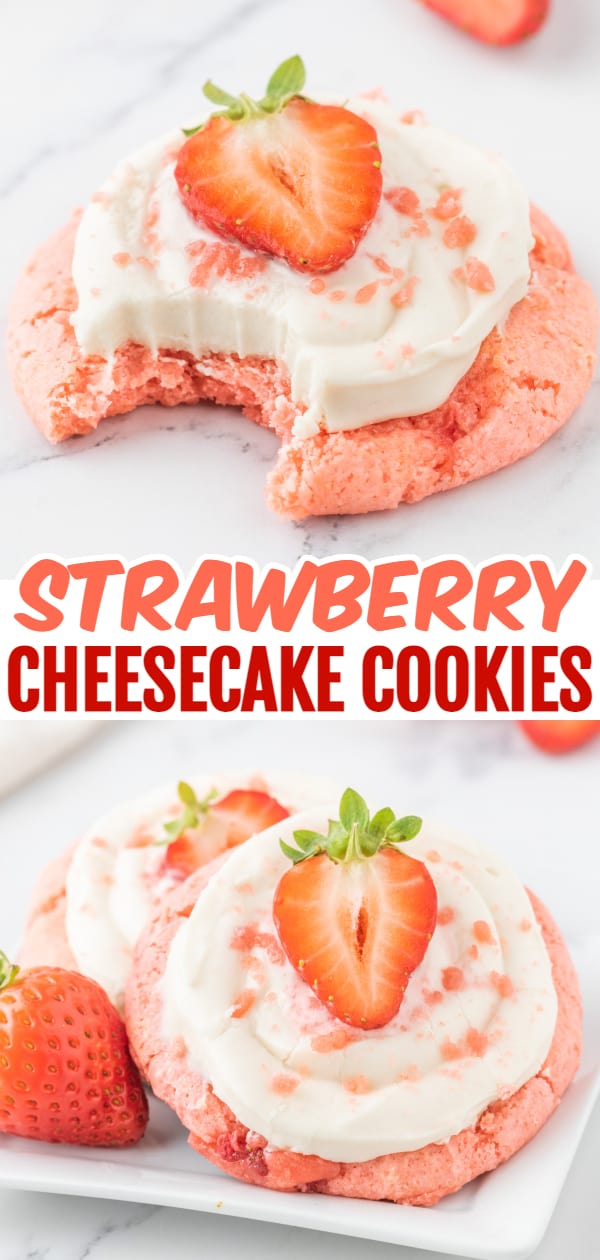 Strawberry Cheesecake Cookies are simple and delicious cookies made with boxed strawberry cake mix and fresh chopped strawberries, topped with a homemade cream cheese frosting.