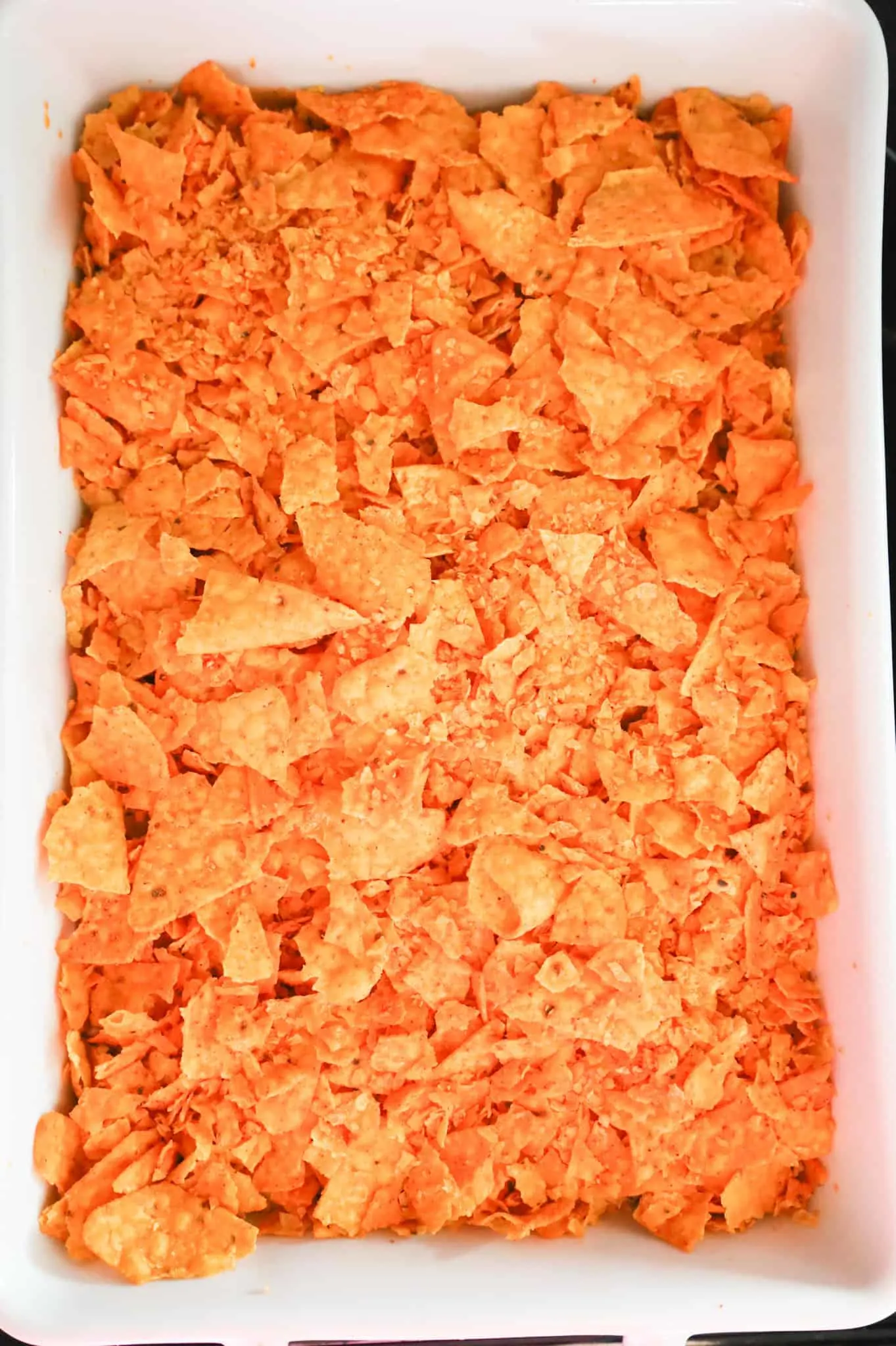 crumbled Doritos on top of taco casserole