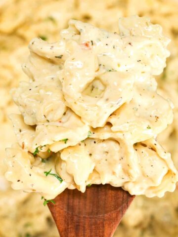 Tortellini Alfredo is a simple and delicious pasta recipe with cheese tortellini all tossed in a creamy garlic parmesan sauce.