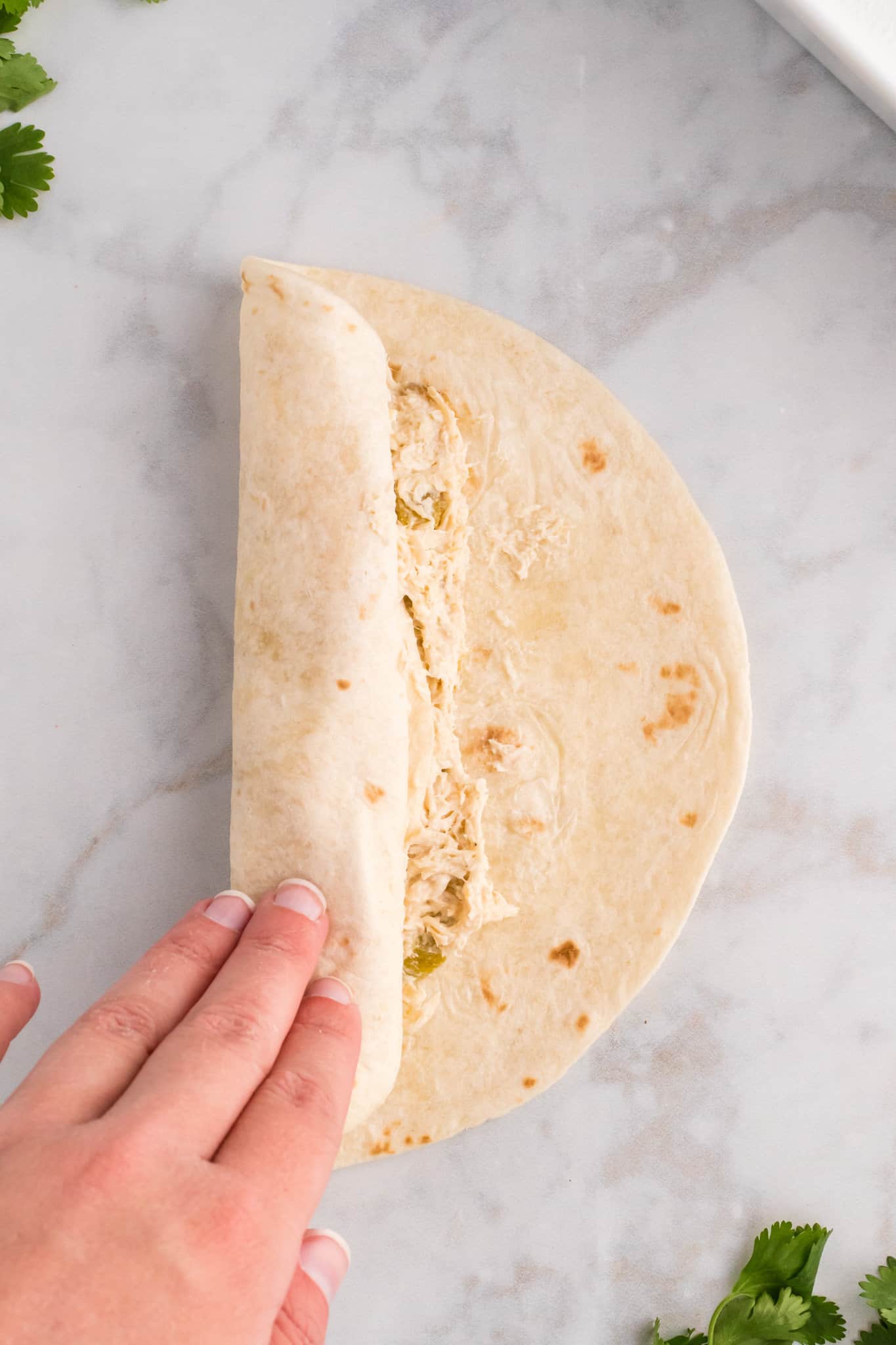 tortilla with chicken filling being rolled up