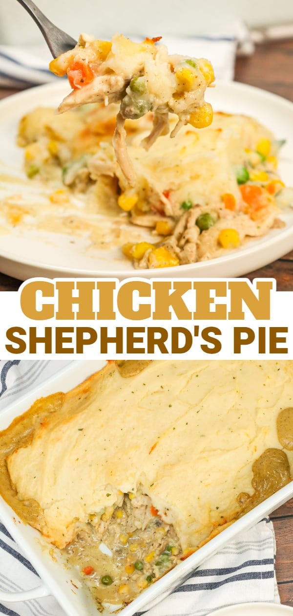 Chicken Shepherd's Pie is an easy dinner recipe loaded with shredded rotisserie chicken, mixed veggies, cream of mushroom soup and cream of chicken soup all baked with a layer of instant mashed potatoes on top.