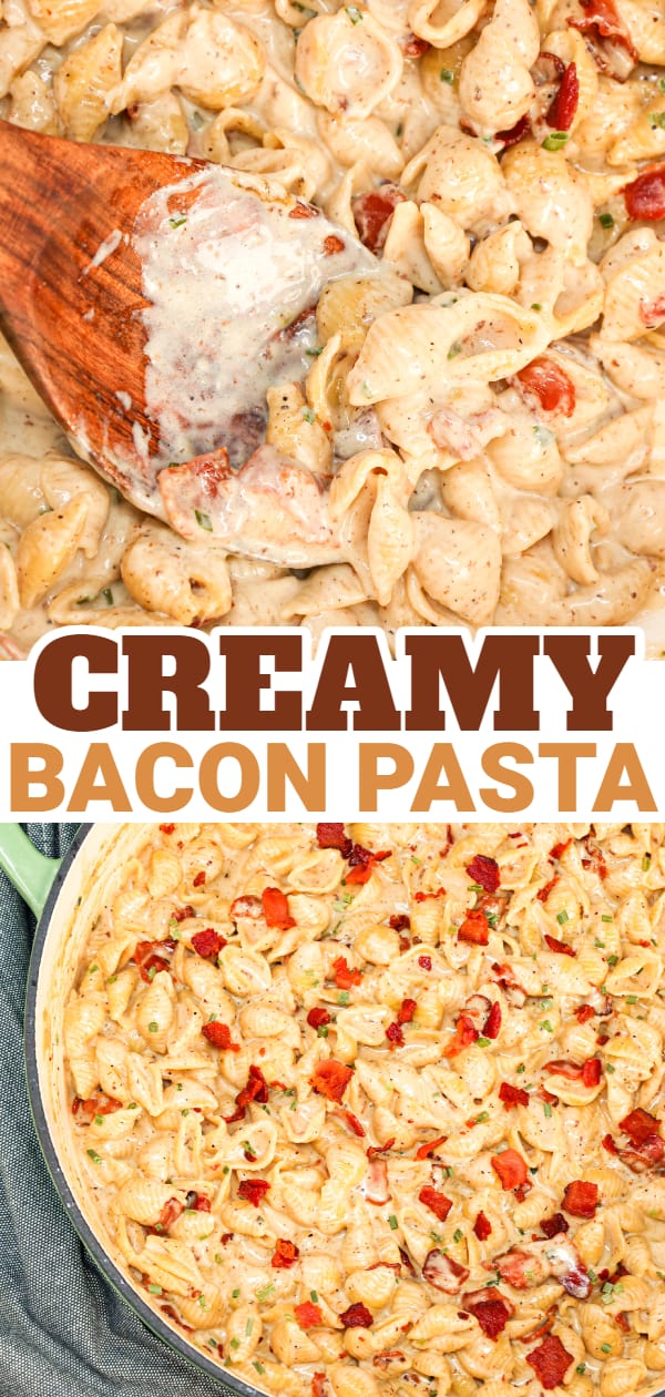 Bacon Pasta is a creamy shell pasta recipe loaded with crispy crumbled bacon pieces and flavoured with garlic and parmesan cheese.