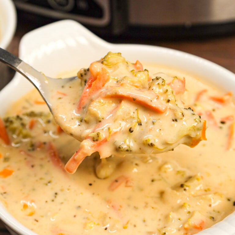 Crock Pot Broccoli Cheddar Soup is a hearty cream soup recipe loaded with broccoli florets, carrots and cheddar cheese.