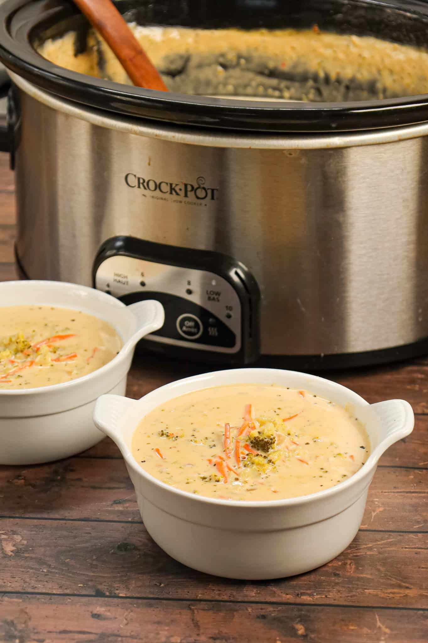 Crock Pot Broccoli Cheddar Soup is a hearty cream soup recipe loaded with broccoli florets, carrots and cheddar cheese.