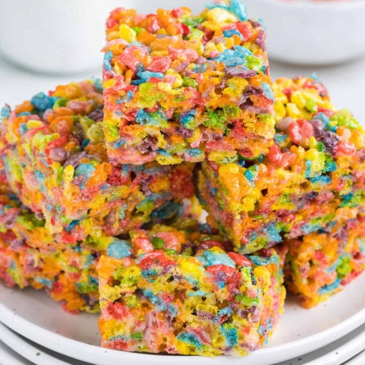 Fruity Pebbles Treats are delicious and colourful marshmallow cereal treats.