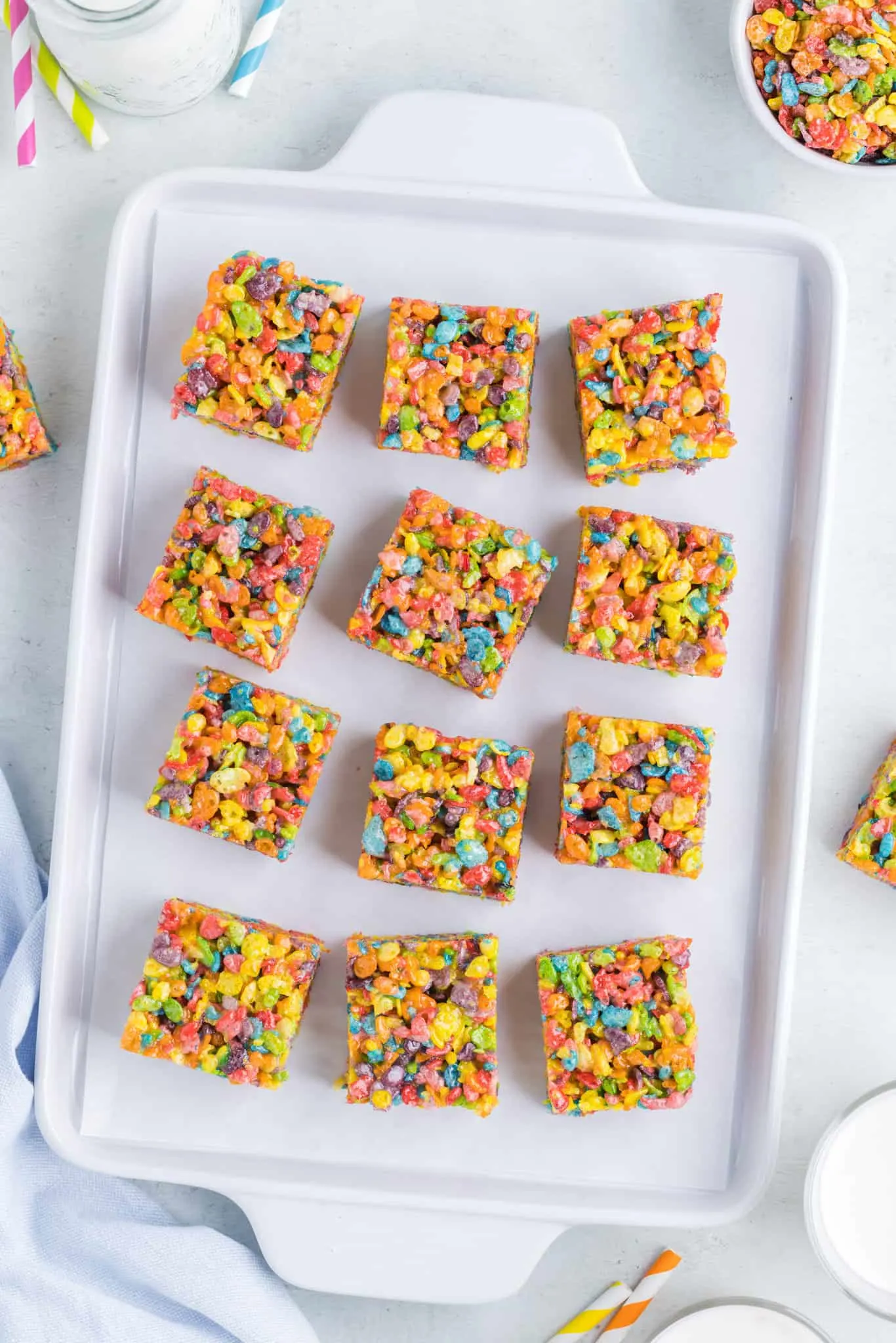 Fruity Pebbles Treats are delicious and colourful marshmallow cereal treats.