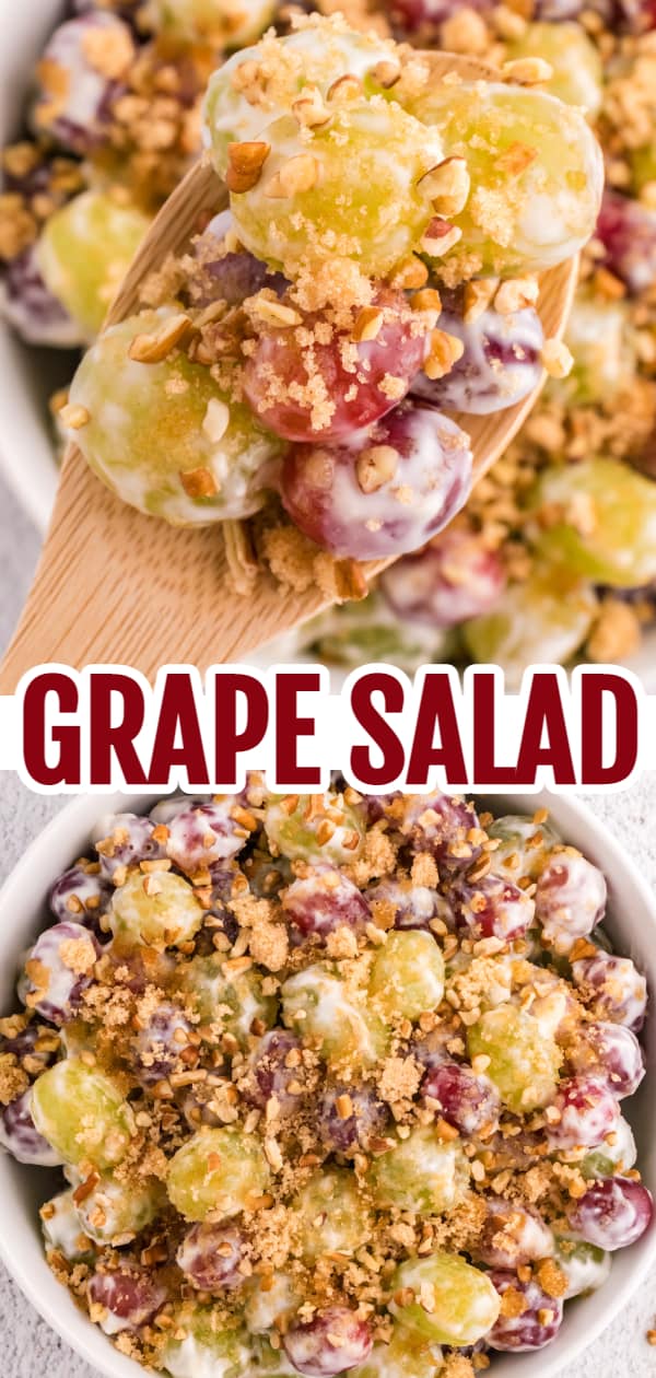 Grape Salad is a tasty side dish loaded with red and green grapes all tossed in a cream cheese and yogurt mixture and topped with brown sugar and chopped pecans.