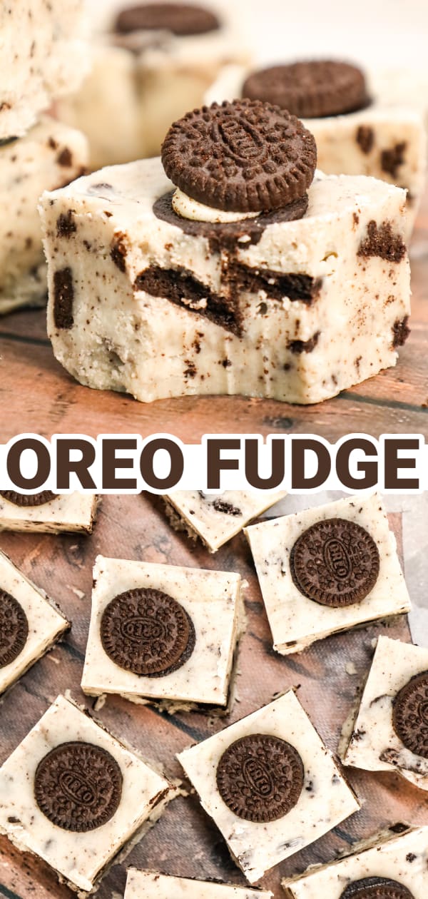 Oreo Fudge is an easy microwave fudge recipe using vanilla frosting, white chocolate chips and mini Oreo cookies.