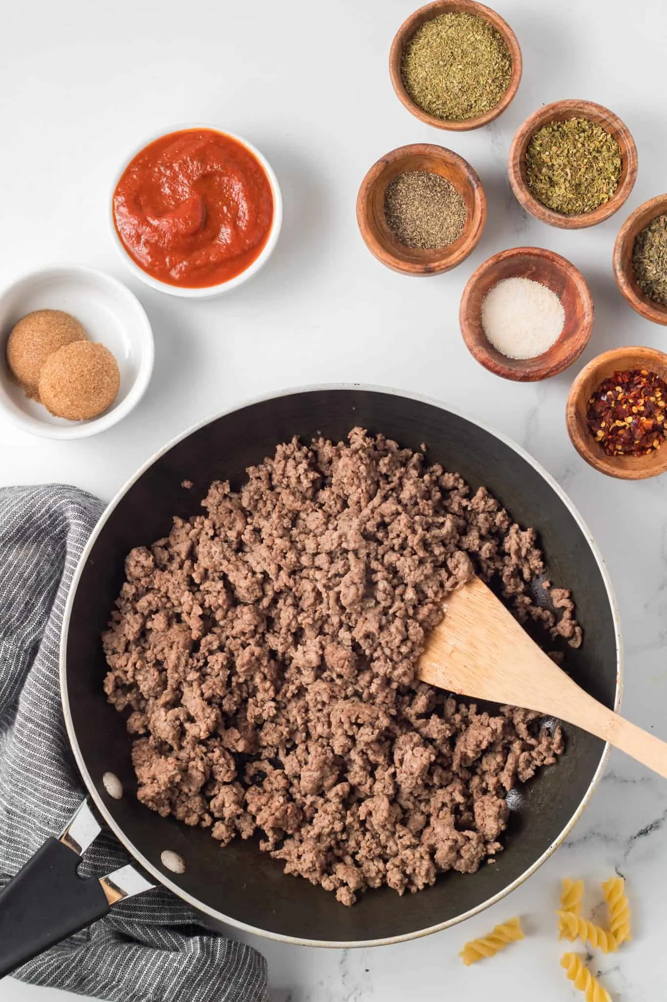 cooked ground beef in a skillet